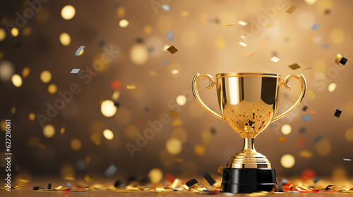 Golden Trophy Award with Falling Confetti on Gold Background - Celebrating Success and Achievement with Copy Space for Text. created with Generative AI