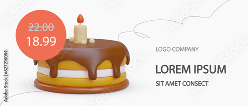 Horizontal promotional template for confectionery. Sweet pastries, holiday desserts, cakes with discounts. Banner with red tag of old and new prices. Cute realistic illustration