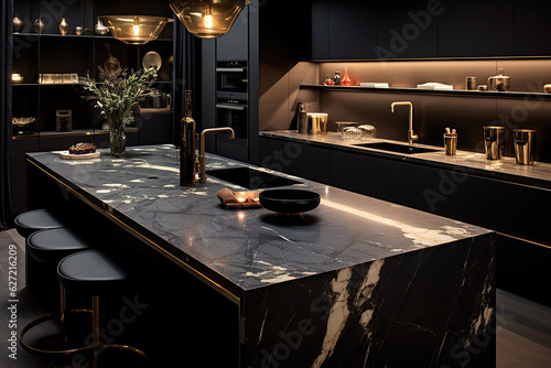 Modern luxury bathroom with black marble countertop, sink and mirror. 3d render