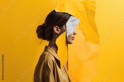 Woman with face covered by yellow paper on yellow background, created using generative ai technology