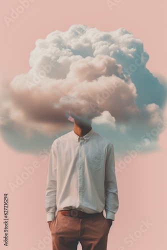 Man with face covered by cloud on pink background  created using generative ai technology