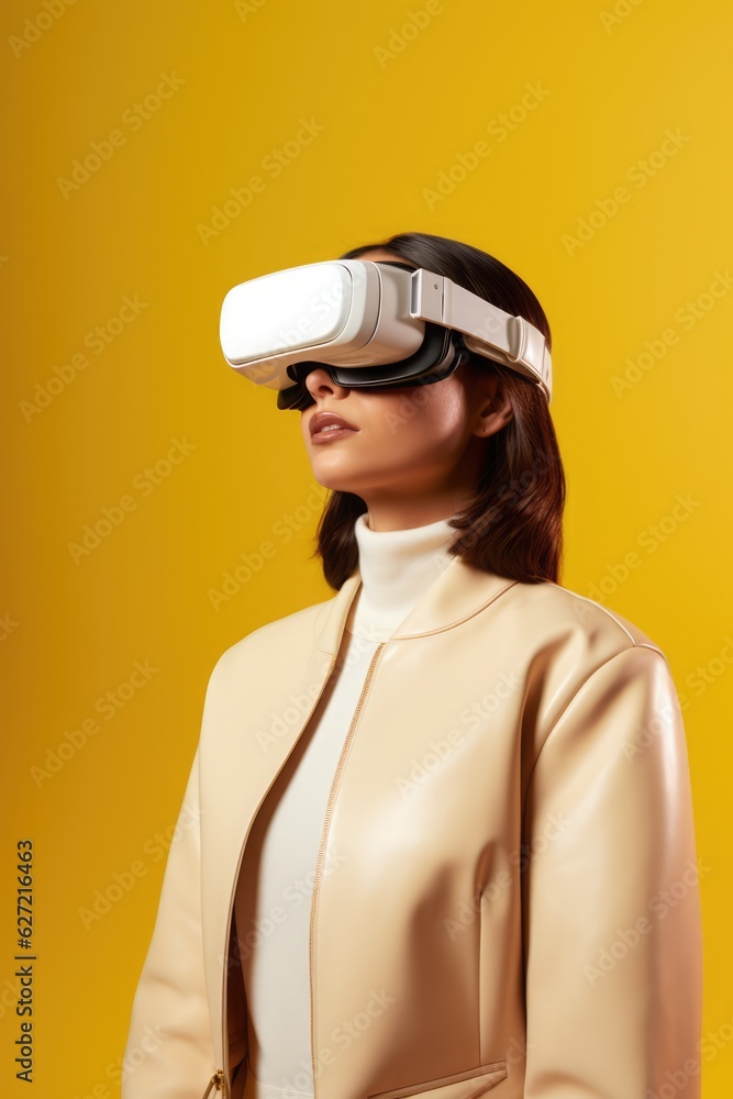 Caucasian woman wearing vr ar headset on yellow background, created using generative ai technology Caucasian woman wearing vr ar headset on yellow background, created using generative ai technology
