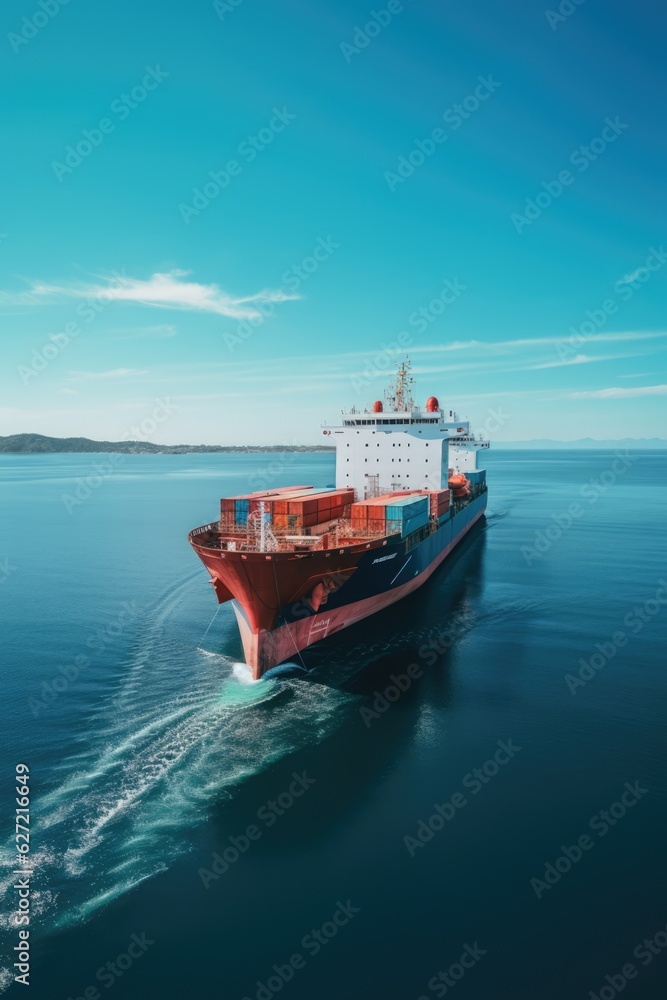 Cargo ship sailing in calm sea waters, created using generative ai technology
