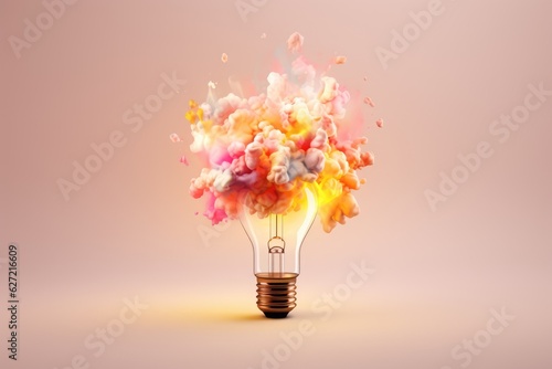 Light bulb with colour explosion on pink background, created using generative ai technology