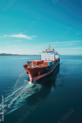 Cargo ship sailing in calm sea waters, created using generative ai technology