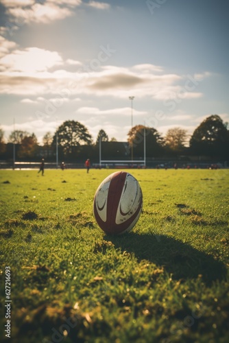 Close up of rugby ball on rugby field, created using generative ai technology