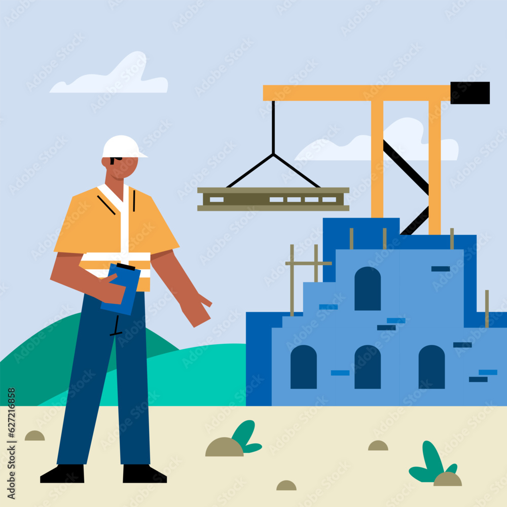 Foreman with clipboard and checking construction process. Worker build house. Builders checking construction process. Flat vector illustration in green colors in cartoon style Foreman with clipboard and checking construction process. Worker build house. Builders checking construction process. Flat vector illustration in green colors in cartoon style