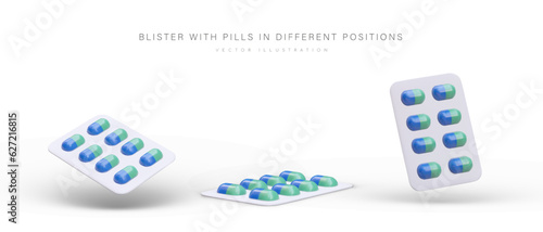 Set of 3D blisters with colored capsules. Packaging of medicines in different positions. Isolated medical illustrations with shadows. Pharmaceutical icons. Images for websites, apps, advertising