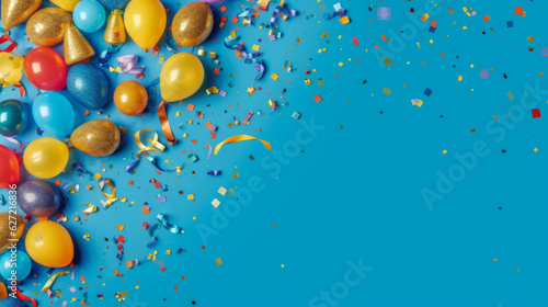 Happy Birthday Banner with Colorful Balloons Confetti on Blue Background best for Background design AI Generated photo