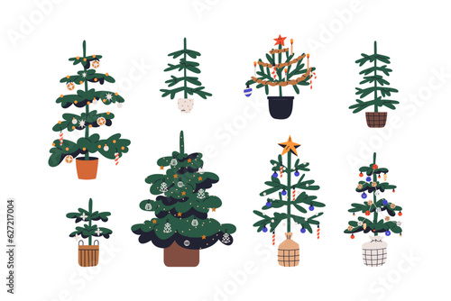 Christmas trees with holiday decoration. Xmas firs set, growing in pots, baskets. Natural living firtrees, winter spruces decorated with baubles. Flat vector illustrations isolated on white background