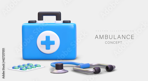 Ambulance collection with medical items. First aid for patient, box with medicine and stethoscope for examine patient. Vector illustration in blue colors with place for text