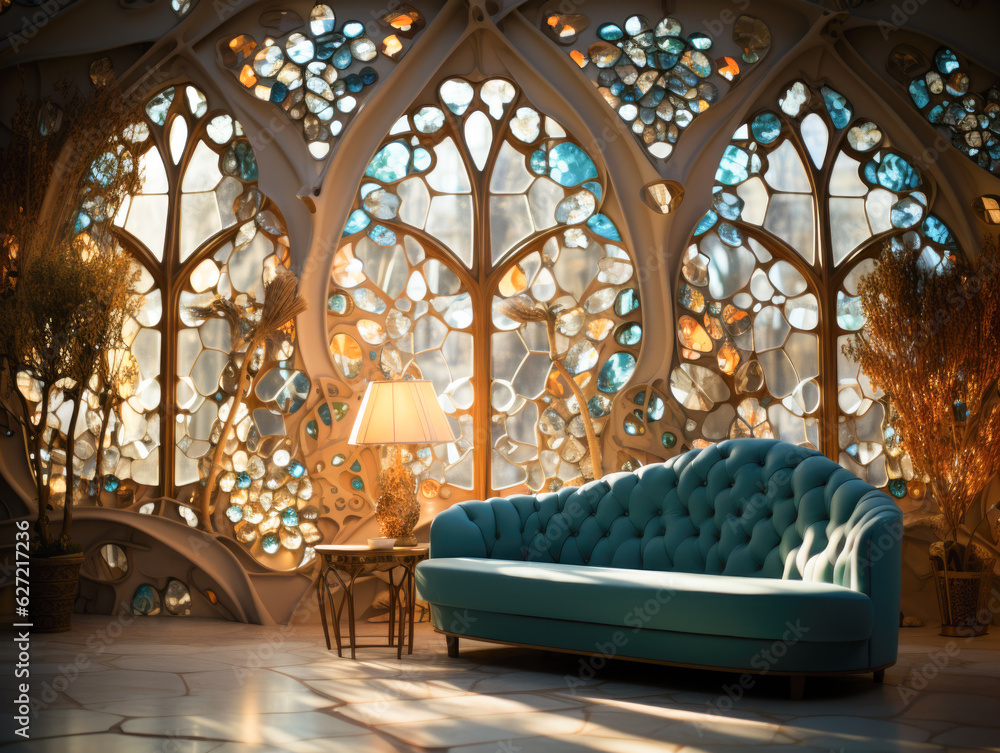 Explore the mesmerizing interior design, where a stained glass wall and ...