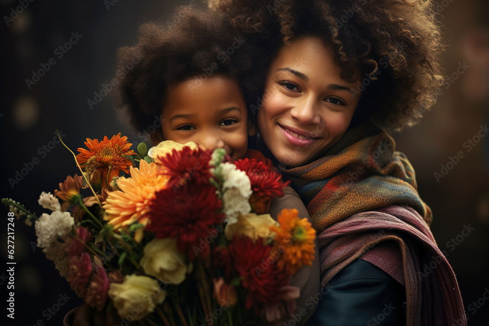 Grateful ethnic mother with bouquet hugging son Grateful ethnic mother with bouquet hugging son