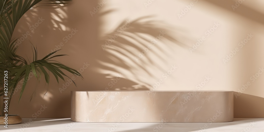 Marble beige podium with shadow from palm leaves on the wall. Background for presentation Marble beige podium with shadow from palm leaves on the wall. Background for presentation