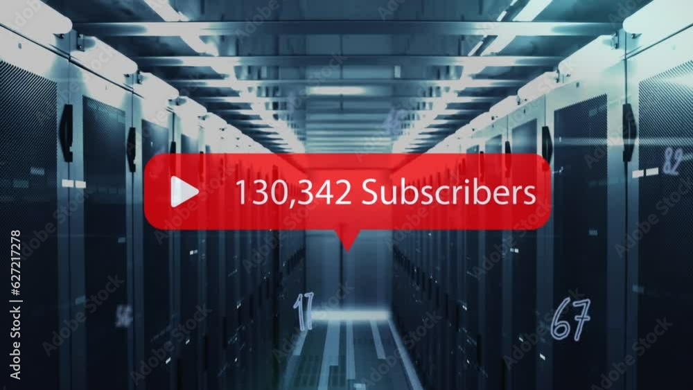 Animation of play icon with increasing subscribers and multiple numbers against computer server room Animation of play icon with increasing subscribers and multiple numbers against computer server room