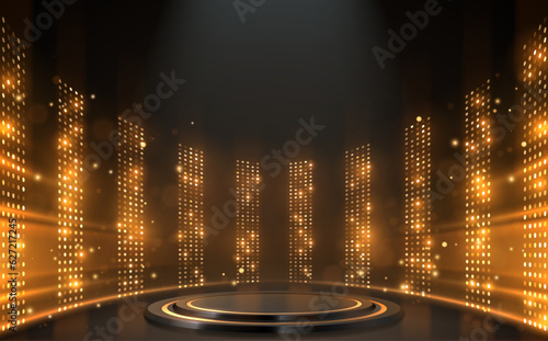 Stampa su tela Podium with golden light lamps background