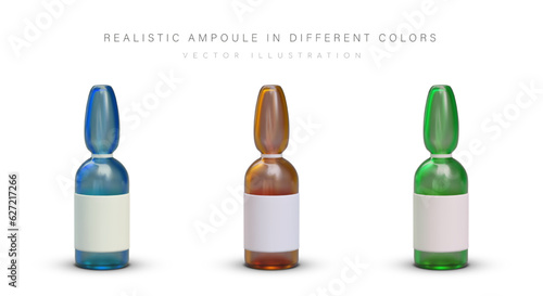 Set of ampoules made of blue, brown, green glass. Packaging with blank label. Liquid dosed medicines. Vaccination injection equipment. Color vector images