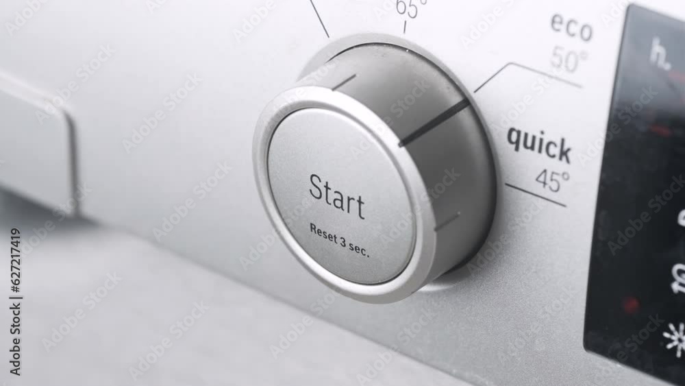 Pressing Start Button with Forefinger on Appliance. 4K Prores Close Up Shot.