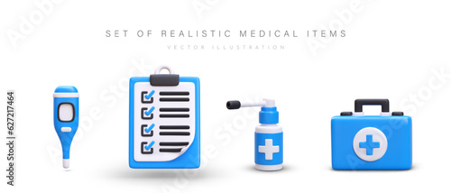 Set of realistic medical accessories. Blue thermometer, clipboard, throat spray, first aid kit. Monitoring of patient condition. Adherence to treatment protocol. Isolated colored vector icons