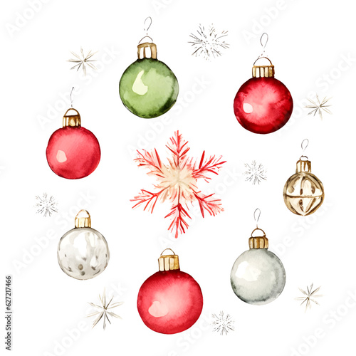 Watercolor set of Christmas red, green and gold balls and snowflakes on a white background
