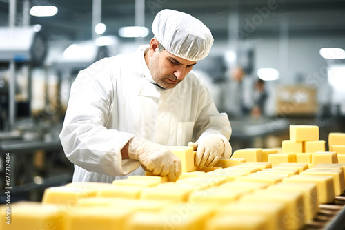 Obraz na plátne Worker testing quality of cheese loaf with hammer in parmesan food factory