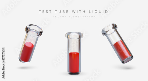 Realistic test tubes with red liquid. Laboratory blood analysis. Samples of biological fluid for research. Glass containers with reflections and shadows. Set of isolated vector images