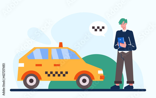 Young stylish male order car via smartphone. Taxi on way to client. Online car order via smartphone. Vector flat illustration in green and yellow colors in cartoon style