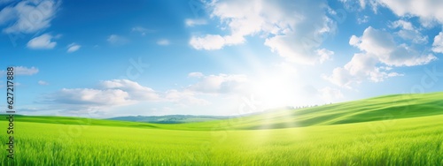 Natural panoramic landscape with spring meadow with curved horizon line. Field bright juicy green grass against a blue sky with clouds and sun flare