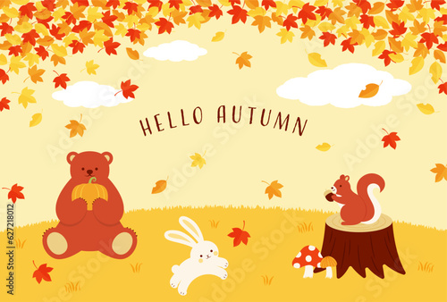 autumn forest vector background with animals for banners, cards, flyers, social media wallpapers, etc.