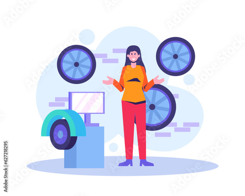 Client waiting for automobile. Auto mechanics performing car parts replacement. Technic occupation. Automobile repair service concept. Flat vector illustration