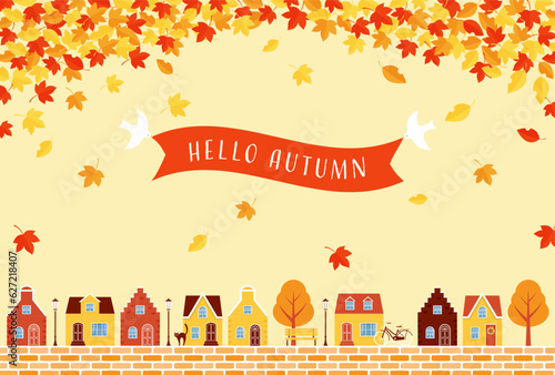 vector background with autumn city landscape with colorful houses and leaves for banners, cards, flyers, social media wallpapers, etc.