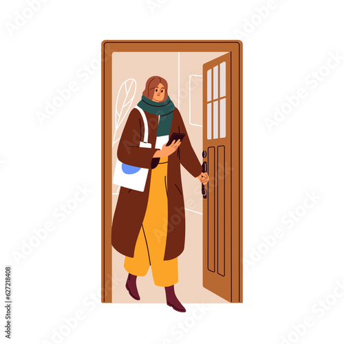 Woman leaving home, opening house door, exiting outside. Person in coat, holding mobile phone in hand, going out to work, office in morning. Flat vector illustration isolated on white background