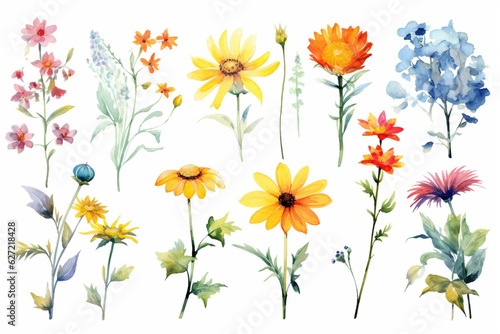 watercolor background of flowers, set of flowers on white, AI generated.