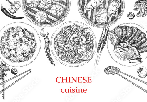 Chinese Restaurant Menu. Hand-drawn illustration of dishes and products. Ink. Vector