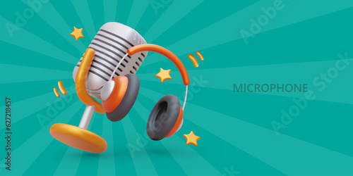 Realistic vintage microphone and headphones. Recording studio services. Concept for store, professional audio equipment, gadgets. Poster for karaoke bar