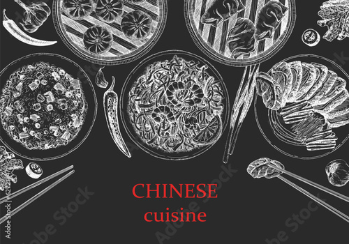 Chinese Restaurant Menu. Hand-drawn illustration of dishes and products. Ink. Vector
