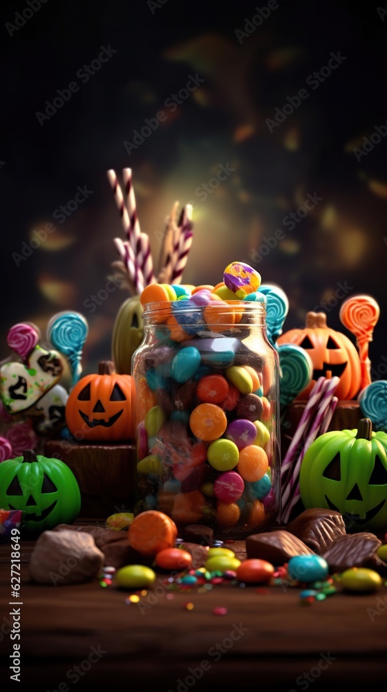 Fototapeta premium Halloween sweet colorful candies dark background