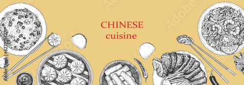Chinese Restaurant Menu. Hand-drawn illustration of dishes and products. Ink. Vector