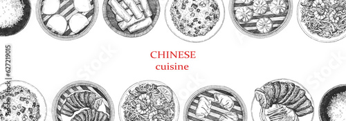 Chinese Restaurant Menu. Hand-drawn illustration of dishes and products. Ink. Vector