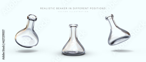 Realistic transparent laboratory beaker. Empty triangular conical flask, view from different sides. Vector image on white background. Icons for web design