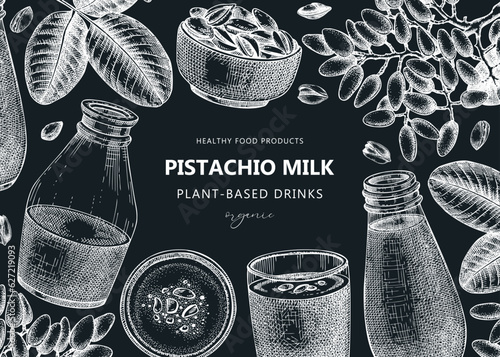 Vegetarian food background. Pistachio milk. Dairy products banner design. Print template with plant milk in glass, bottle, pistachio sketches. Healthy drink, nut milk vector illustration on chalkboard