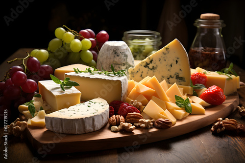 Assorted cheeses with grapes, fruit and nuts on wooden board, composition with different types of cheeses