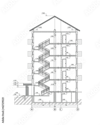 Vector architectural project of a multistory building facades and floor plan