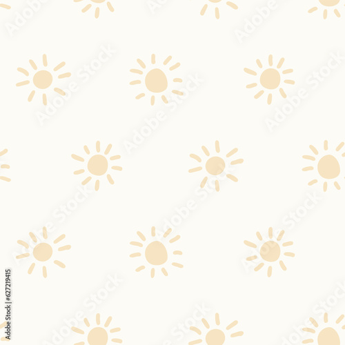 Scattered sun forming sea life sun seamless vector pattern in a palette of pale yellow and off white. Great for home decor, fabric, wallpaper, gift wrap, stationery, design projects.
