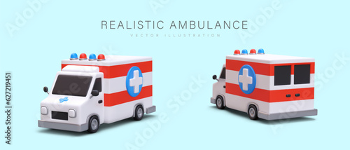 Realistic colored ambulance. Symbol of saving sick, wounded people. Paramedic vehicle. Illustrations in cartoon style. Front and back view. Car with flashing beacons