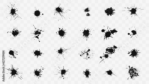 Black ink splashes illustration set. Ink drops. Paint splash, grunge liquid drop splashes, abstract artistic ink splatter.