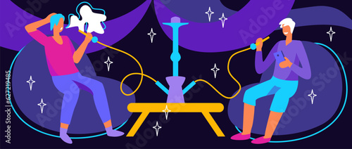 Two friends sitting in night pub and smoking hookah. Lounge club, traditional oriental leisure for men. Concept of tobacco smoking. Flat vector illustration in purple and pink colors