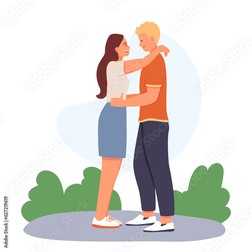 Female hugging male in park. Friends meeting concept. Happy couple spending time together. Time for dating and walk. Flat vector illustration in cartoon style