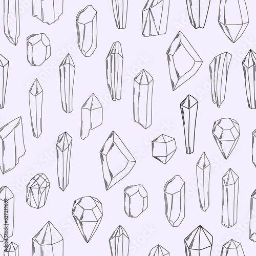 Seamless pattern of hand drawn line art crystals, gemstones, mystical crystals vector background