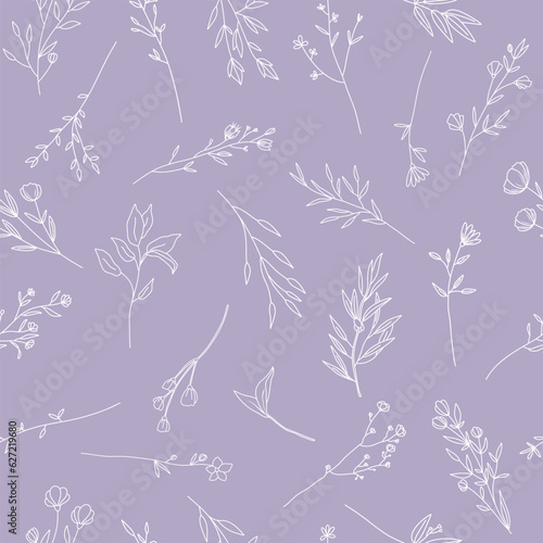 Seamless floral vector pattern, elegant branches and wildflowers in minimal style background, hand drawn line art flowers and plants